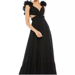 Mac Duggal Rosette Chiffon Cutout Empire Waist Gown in Black